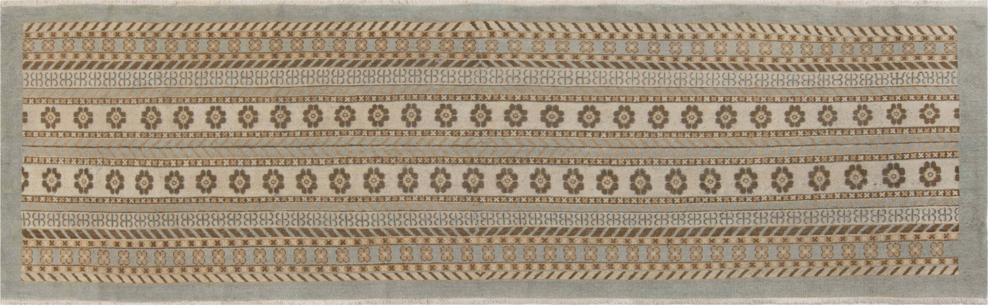 New Samarkand Blue, Brown and White Wool Runner N11957