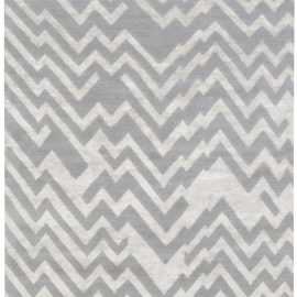 Geometric Modern Zigzag Light Gray And Soft White Handmade Silk Rug “Pinnacle” N12064