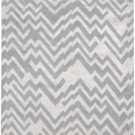 Contemporary Geometric Light Gray And Slate Hand-Knotted Silk Rug “Rocky Peaks” N12065