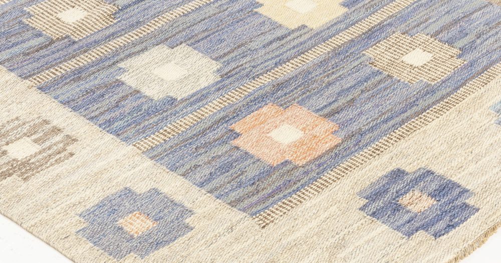 Mid-Century Modern Scandinavian Flatweave Rug in Blue, Grey, Pink, and Yellow BB7051