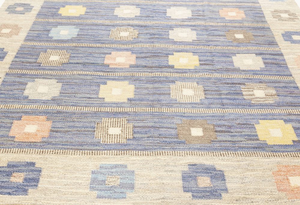 Mid-Century Modern Scandinavian Flatweave Rug in Blue, Grey, Pink, and Yellow BB7051