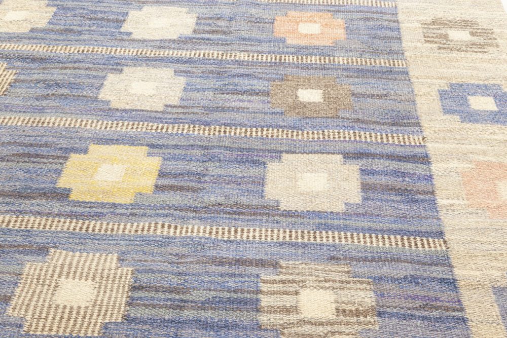 Mid-Century Modern Scandinavian Flatweave Rug in Blue, Grey, Pink, and Yellow BB7051