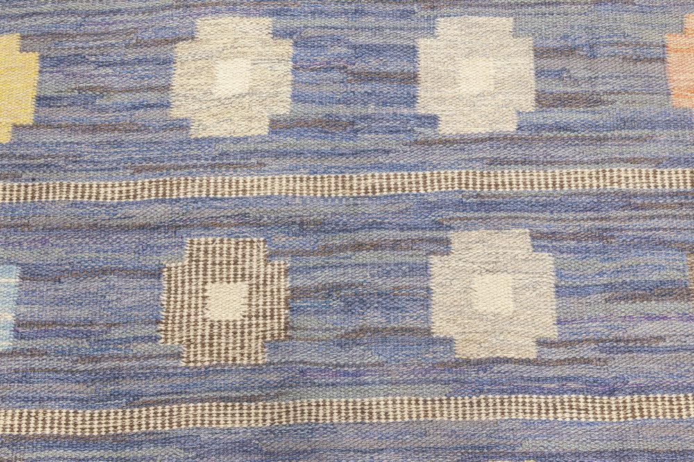 Mid-Century Modern Scandinavian Flatweave Rug in Blue, Grey, Pink, and Yellow BB7051