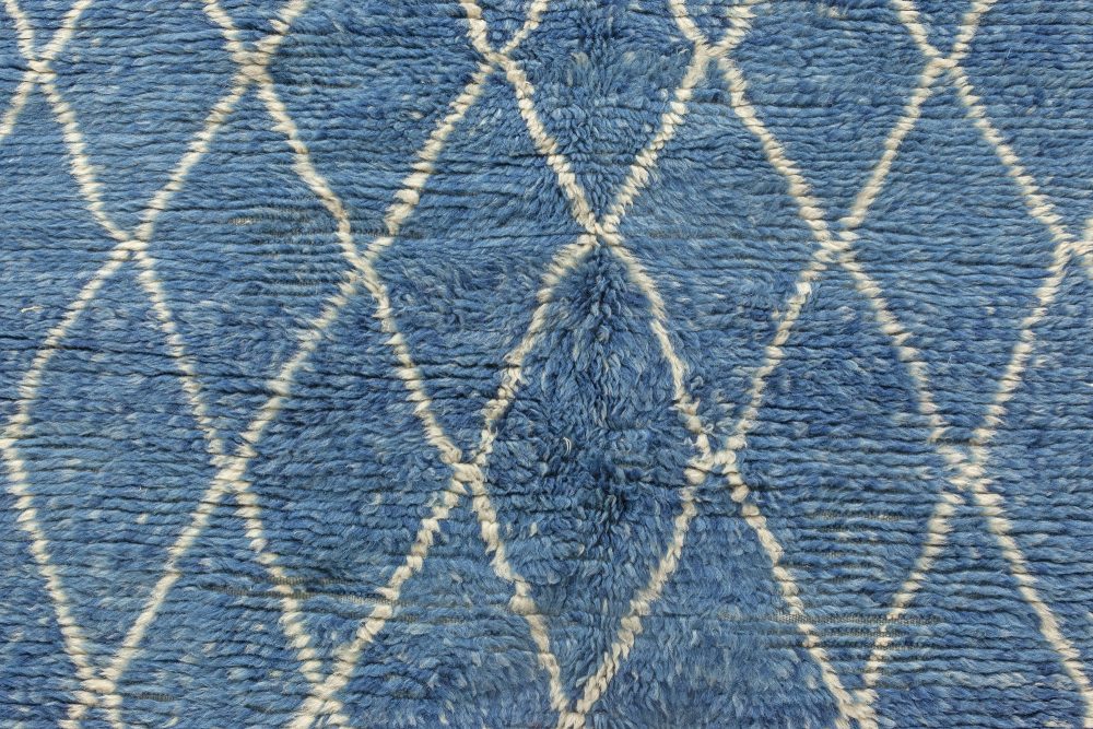 Moroccan Geometric Blue and Off-White Hand Knotted Wool Rug N12087