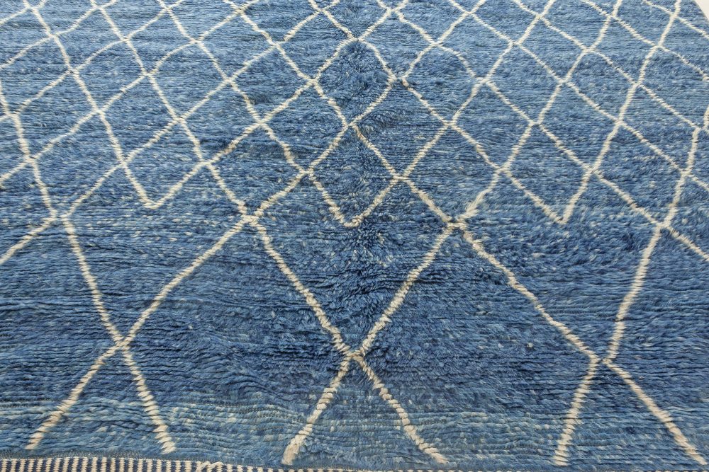 Moroccan Geometric Blue and Off-White Hand Knotted Wool Rug N12087