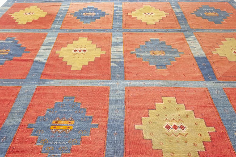 Turkish Kilim Blue, Red and Sandy Beige Handwoven Wool Rug BB7056