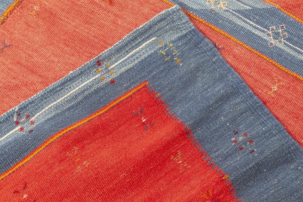 Turkish Kilim Blue, Red and Sandy Beige Handwoven Wool Rug BB7056