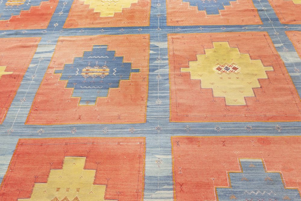 Turkish Kilim Blue, Red and Sandy Beige Handwoven Wool Rug BB7056