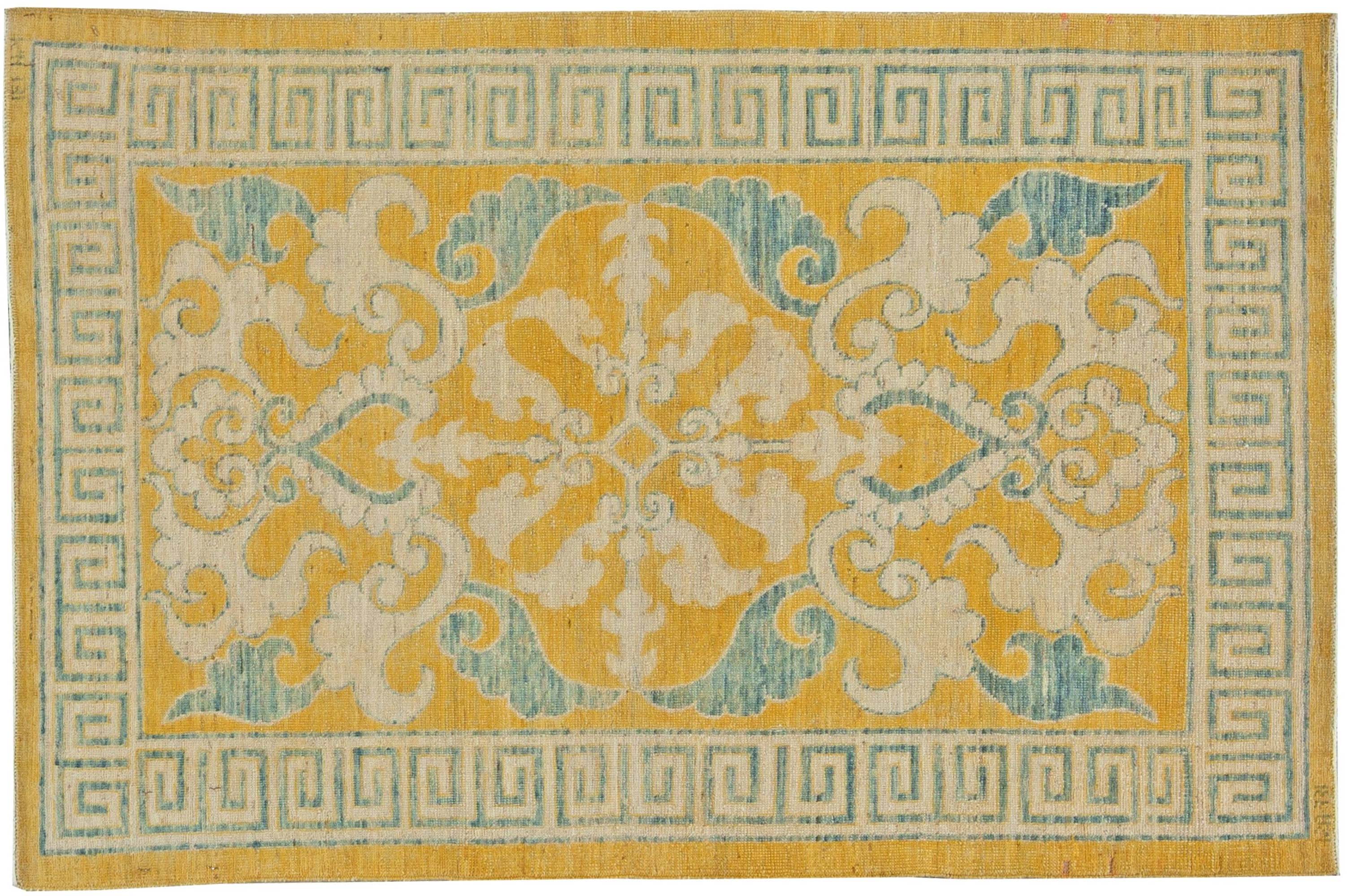 Traditional Oriental Inspired Yellow, Beige and Turquoise Wool Rug N11159 Traditional Oriental Inspired Yellow, Beige and Turquoise Wool Rug N11159