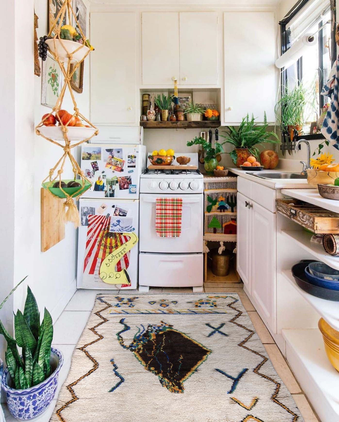 Vintage Moroccan Wool Rug with Multi-colored Tribal Geometric Motifs BB6212 in a kitchen Vintage Moroccan Wool Rug with Multi-colored Tribal Geometric Motifs BB6212 in a kitchen