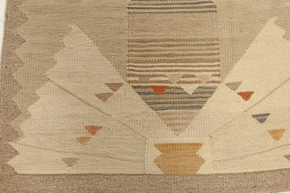 Swedish Beige, Brown and Orange Flat-Weave Wool Rug N12090