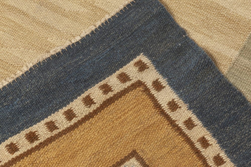 Large Hand-woven Vintage Scandinavian Rug with an Ample Tan Field and Green, Ivory, Amber, and Blue Border BB7067