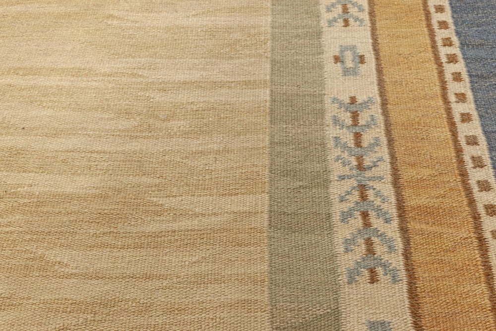 Large Hand-woven Vintage Scandinavian Rug with an Ample Tan Field and Green, Ivory, Amber, and Blue Border BB7067