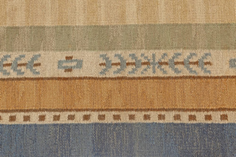 Large Hand-woven Vintage Scandinavian Rug with an Ample Tan Field and Green, Ivory, Amber, and Blue Border BB7067