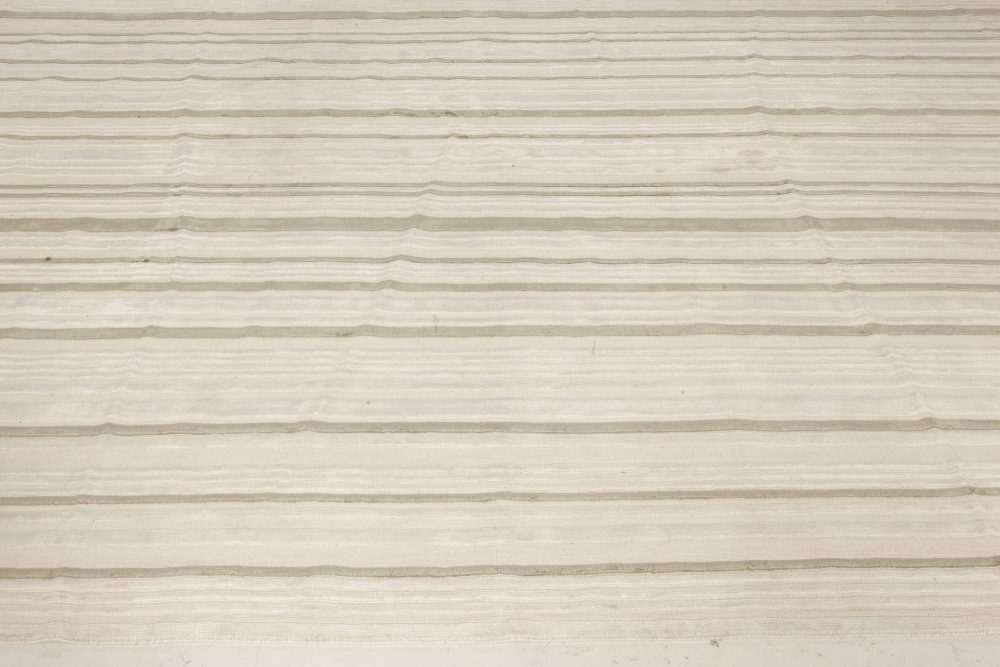 Doris Leslie Blau Collection Modern Striped High-Low Green White Flat-Weave Rug N12097