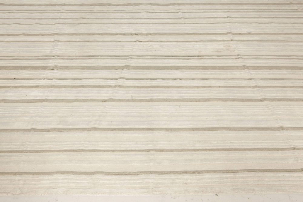 Doris Leslie Blau Collection Modern Striped High-Low Green White Flat-Weave Rug N12097