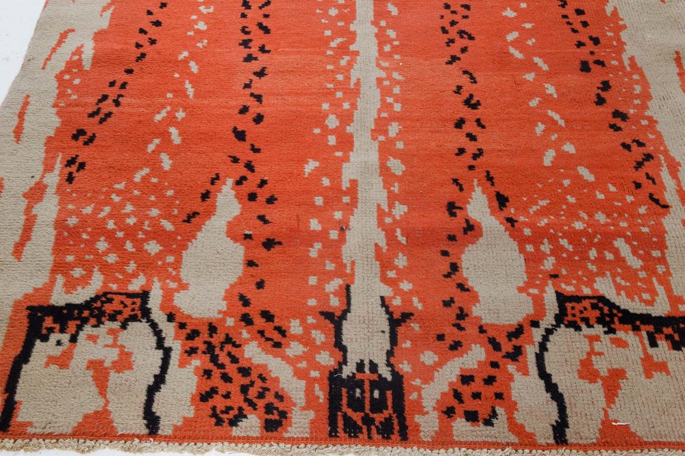 Mid-20th century French Art Deco Design Beige, Black, Orange Handmade Wool Rug BB7070