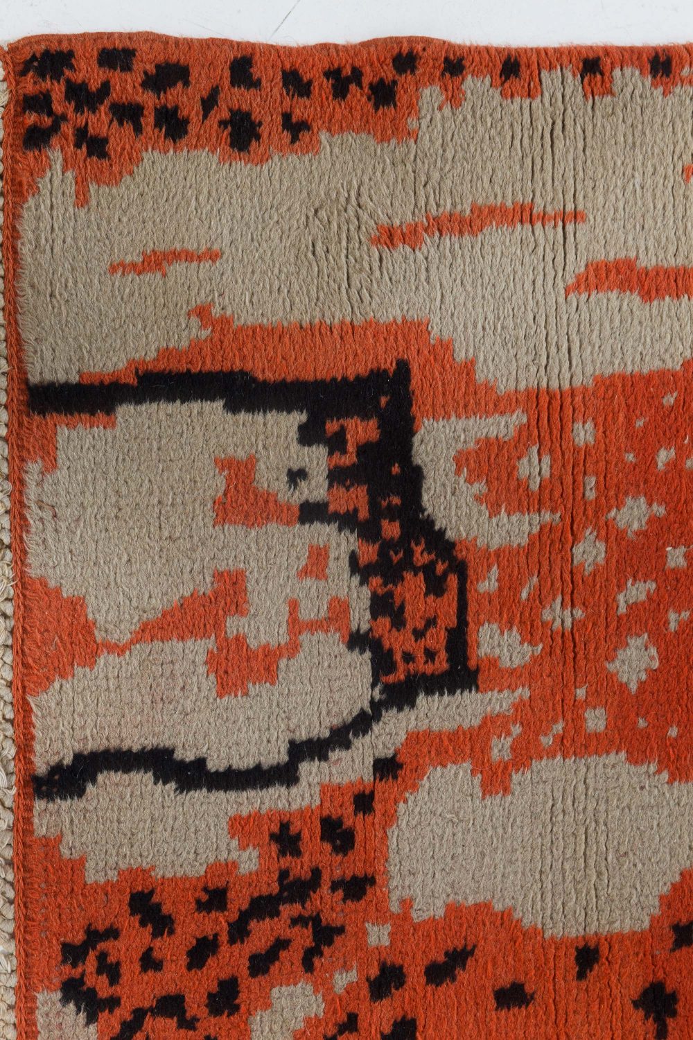 Mid-20th century French Art Deco Design Beige, Black, Orange Handmade Wool Rug BB7070