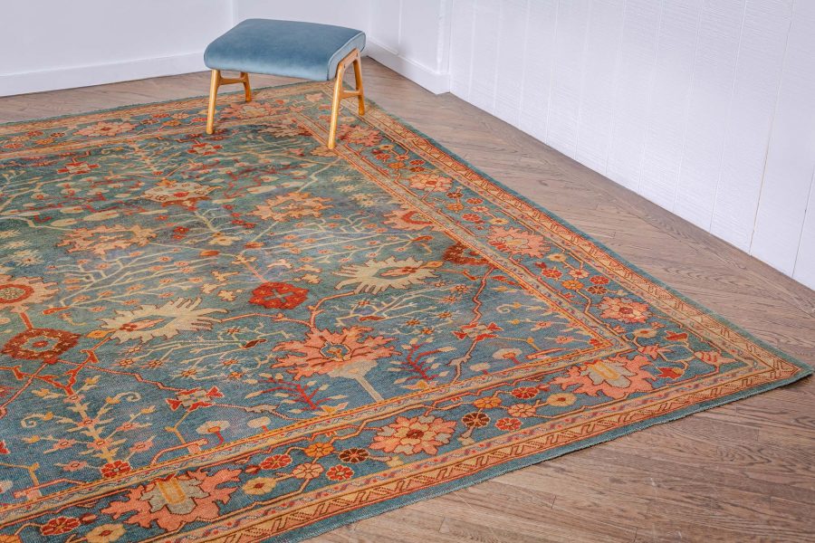 Mid-20th century Turkish Oushak Green, Orange, Pink Handmade Wool Rug BB7140