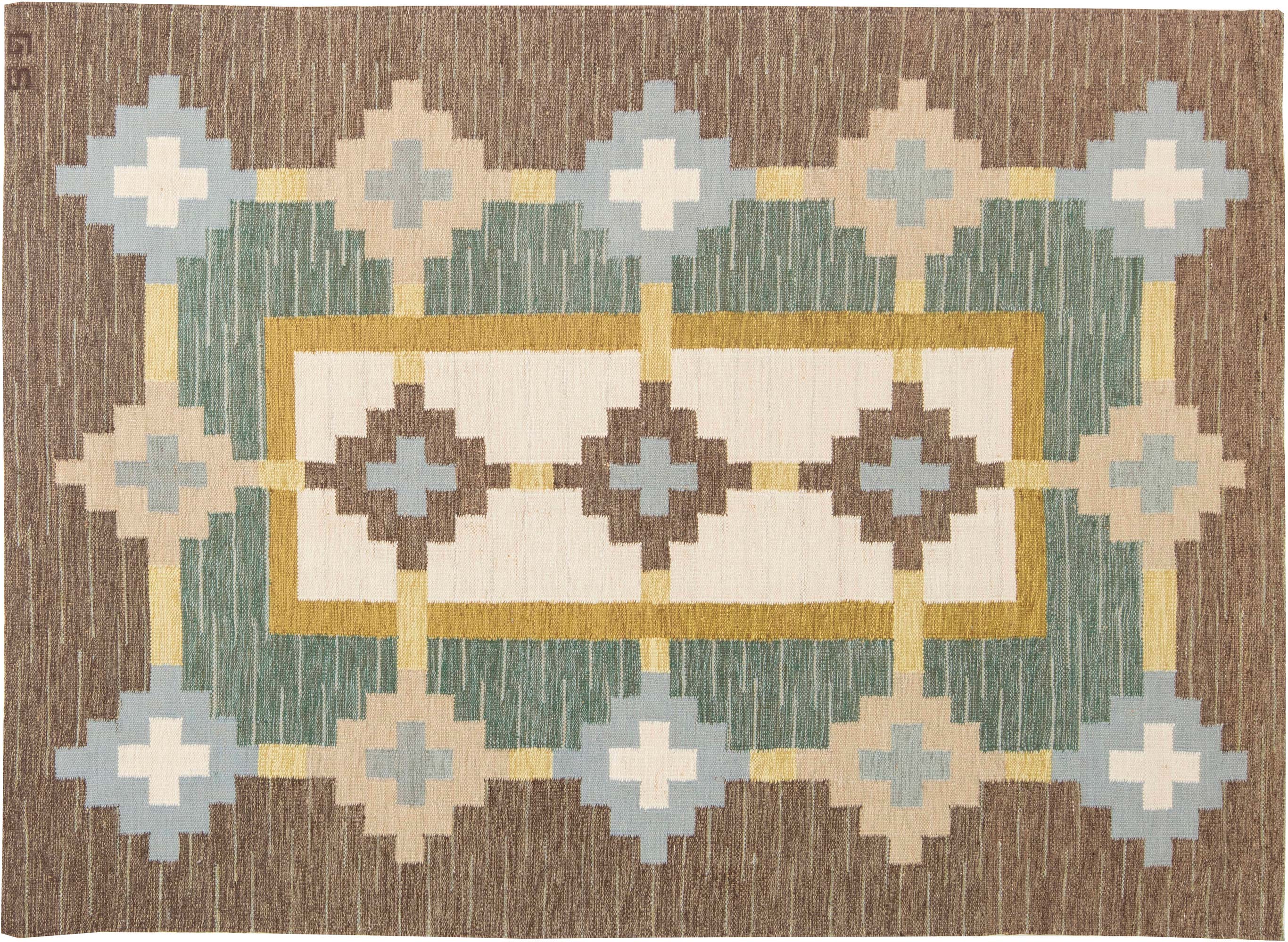 Mid-Century Swedish Flatweave Rug in White, Cream, Amber, Green, Grey, and Brown. Woven signature to edge “GS” BB6300 Mid-Century Swedish Flatweave Rug in White, Cream, Amber, Green, Grey, and Brown. Woven signature to edge “GS” BB6300