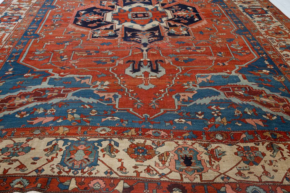 Antique Persian Heriz Blue, Brown, Red and White Handwoven Wool Rug BB7139