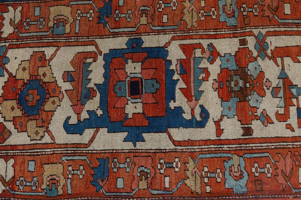 Antique Persian Heriz Blue, Brown, Red and White Handwoven Wool Rug BB7139