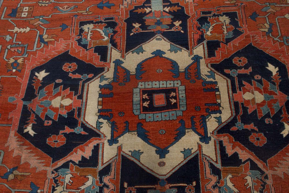 Antique Persian Heriz Blue, Brown, Red and White Handwoven Wool Rug BB7139