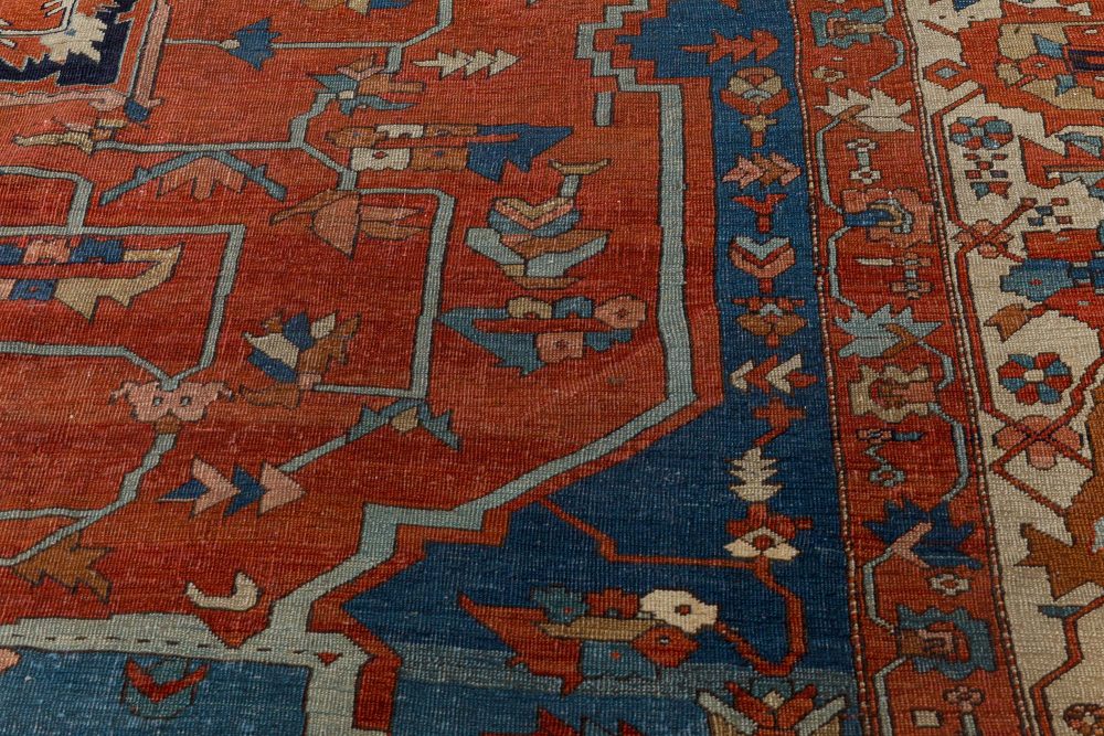 Antique Persian Heriz Blue, Brown, Red and White Handwoven Wool Rug BB7139