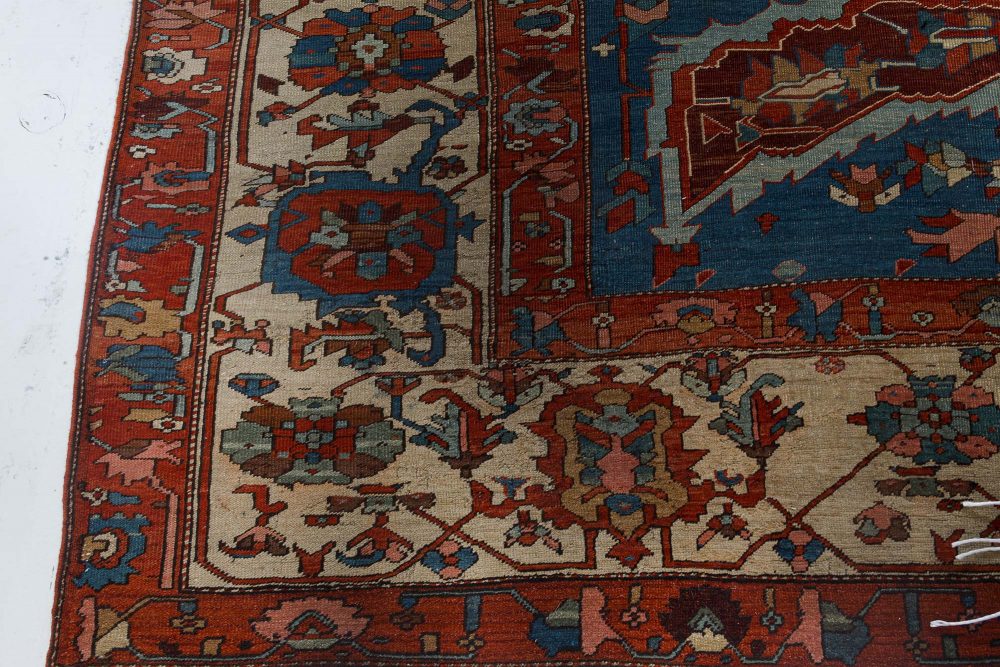 Antique Persian Heriz Blue, Brown, Red and White Handwoven Wool Rug BB7139