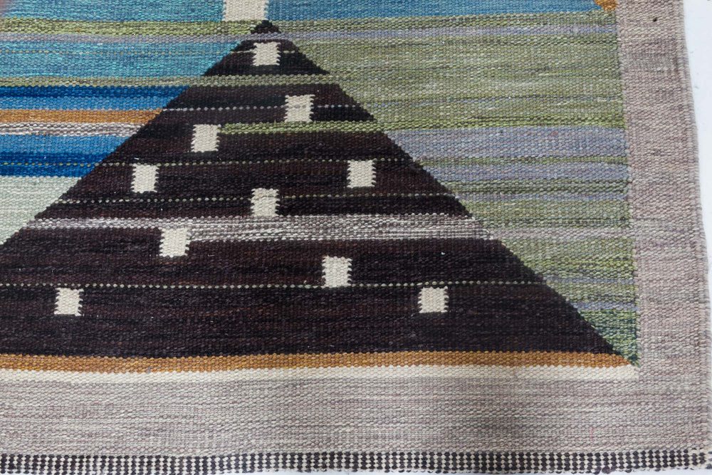 High-quality Swedish Design Blue, Brown, Gray, Green, Ivory Flat-Weave Wool Rug N12118