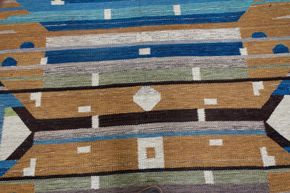 High-quality Swedish Design Blue, Brown, Gray, Green, Ivory Flat-Weave Wool Rug N12118