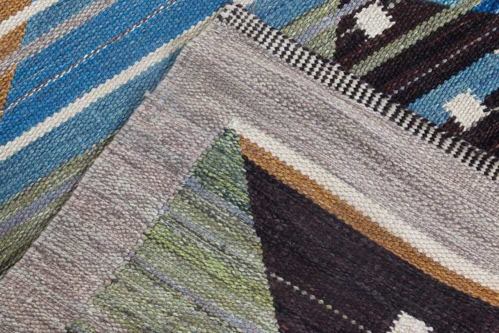 High-quality Swedish Design Blue, Brown, Gray, Green, Ivory Flat-Weave Wool Rug N12118