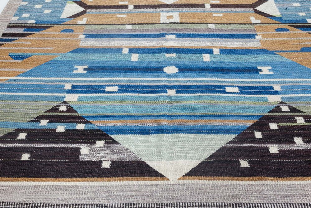 High-quality Swedish Design Blue, Brown, Gray, Green, Ivory Flat-Weave Wool Rug N12118