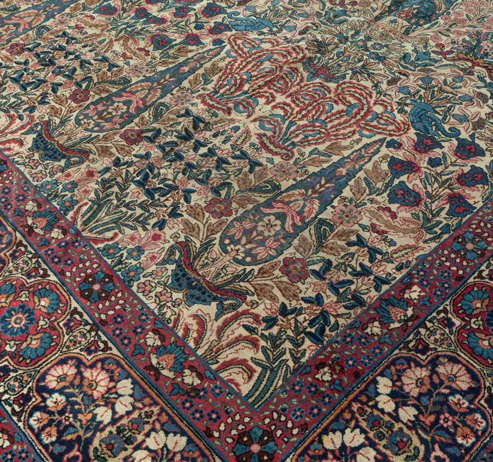 Early 20th Century Persian Kirman Wool Rug in Blue, Brown, Green, Pink and Red BB7345