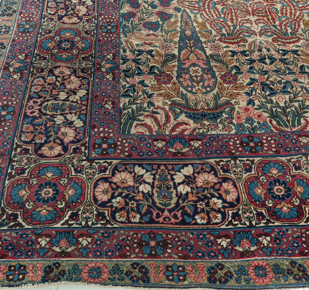 Early 20th Century Persian Kirman Wool Rug in Blue, Brown, Green, Pink and Red BB7345