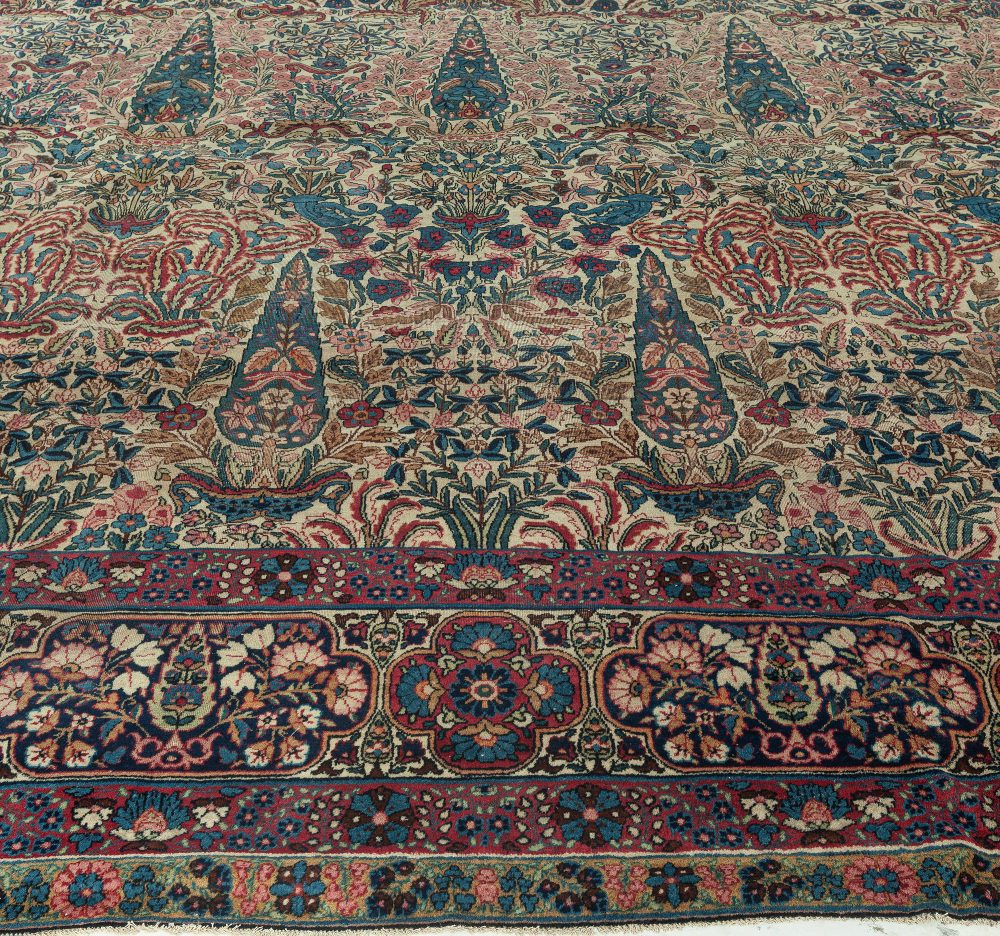 Early 20th Century Persian Kirman Wool Rug in Blue, Brown, Green, Pink and Red BB7345