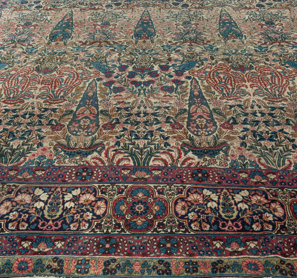 Early 20th Century Persian Kirman Wool Rug in Blue, Brown, Green, Pink and Red BB7345