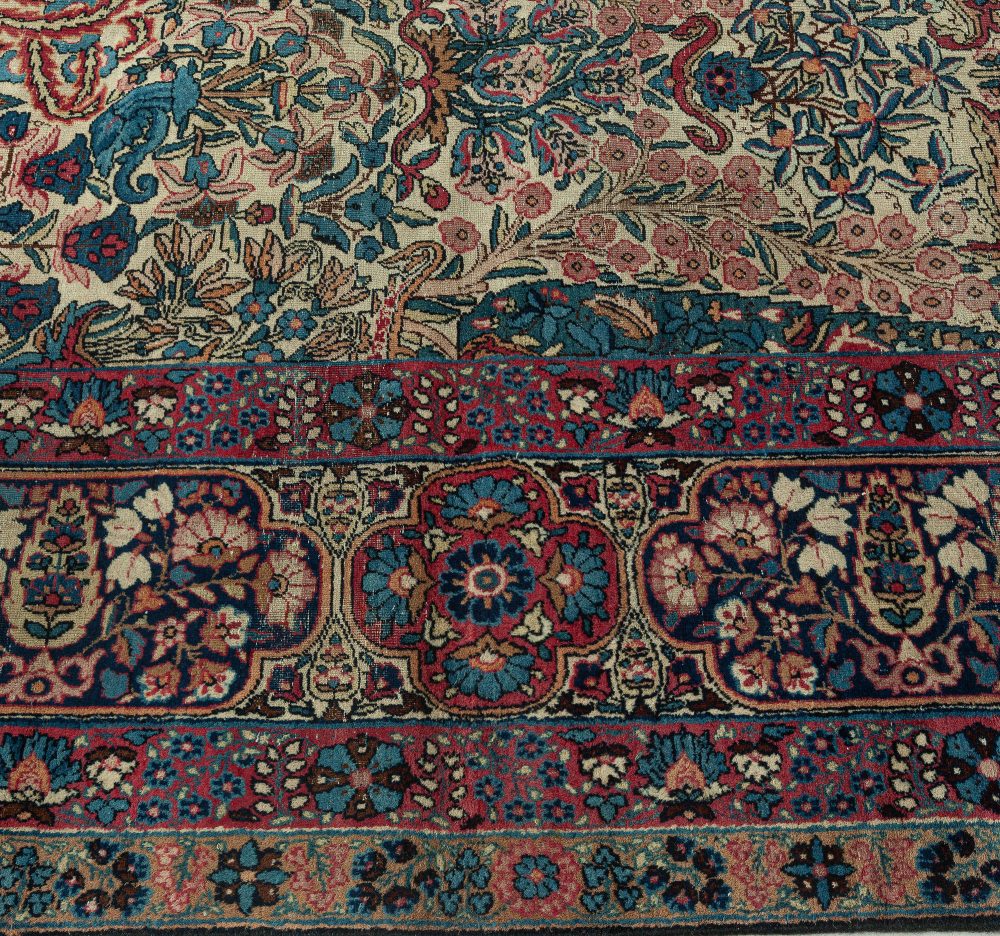 Early 20th Century Persian Kirman Wool Rug in Blue, Brown, Green, Pink and Red BB7345