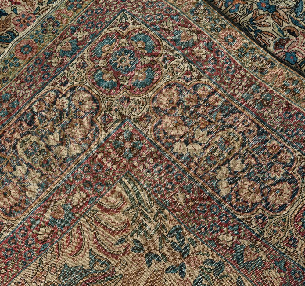 Early 20th Century Persian Kirman Wool Rug in Blue, Brown, Green, Pink and Red BB7345