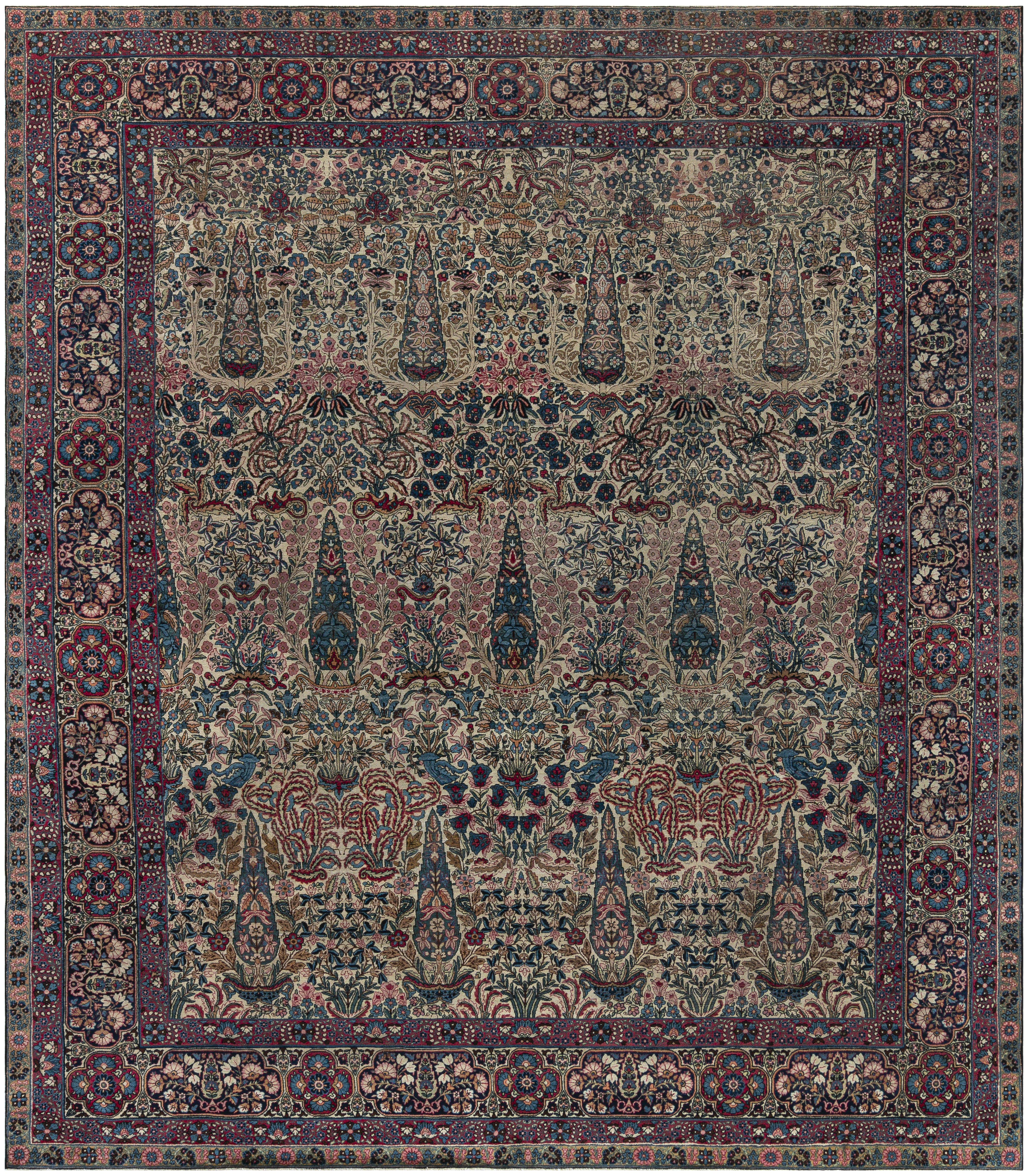 Early 20th Century Persian Kirman Wool Rug in Blue, Brown, Green, Pink and Red BB7345
