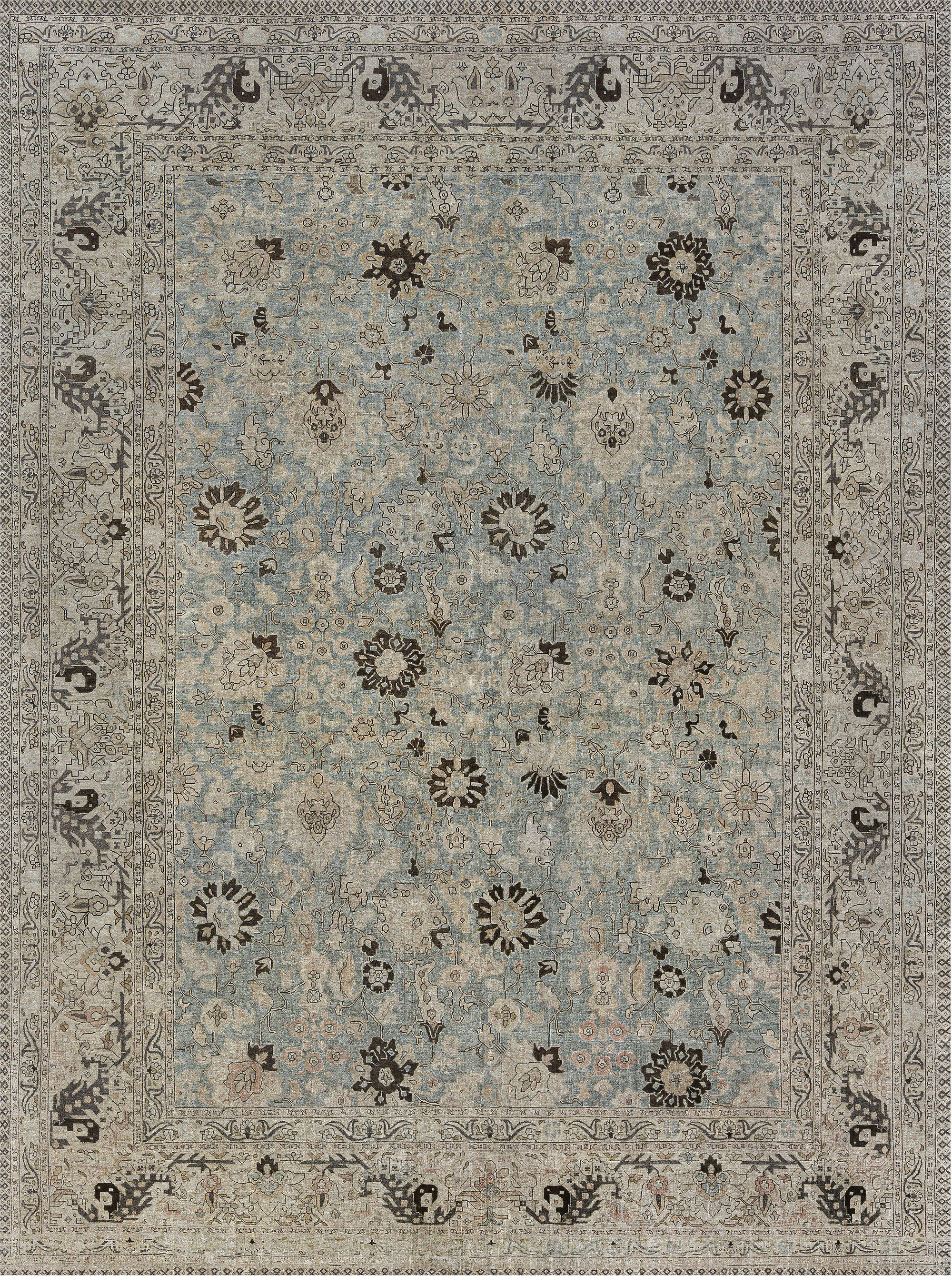 1920s Persian Tabriz Rug in Beige, Blue and Brown Flower Design BB7344