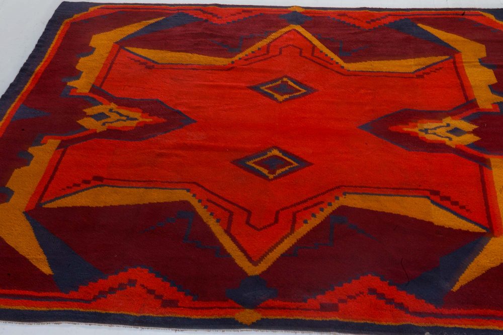 Mid-20th Century Art Deco Design Black, Brown, Gold, Orange Handmade Wool Rug BB7338