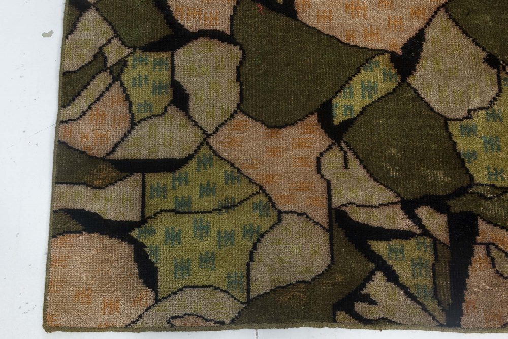 Midcentury European Art Deco Beige, Black and Green Wool Rug BB7339