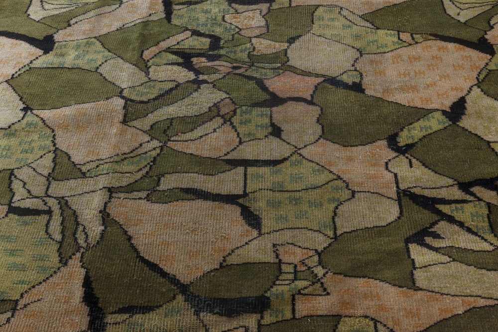 Midcentury European Art Deco Beige, Black and Green Wool Rug BB7339