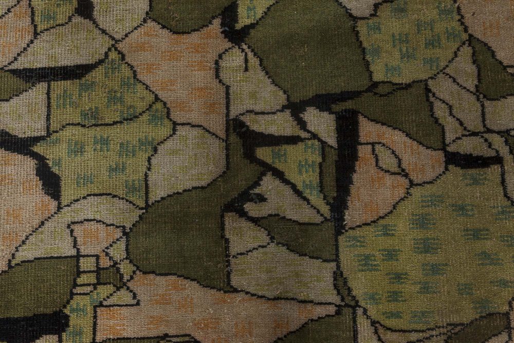 Midcentury European Art Deco Beige, Black and Green Wool Rug BB7339