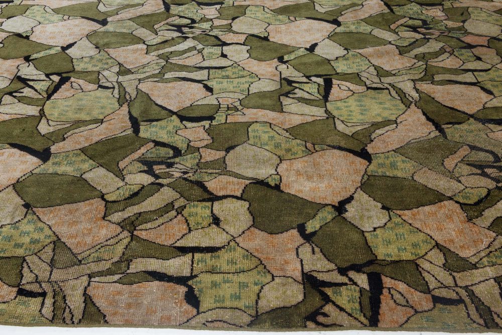 Midcentury European Art Deco Beige, Black and Green Wool Rug BB7339