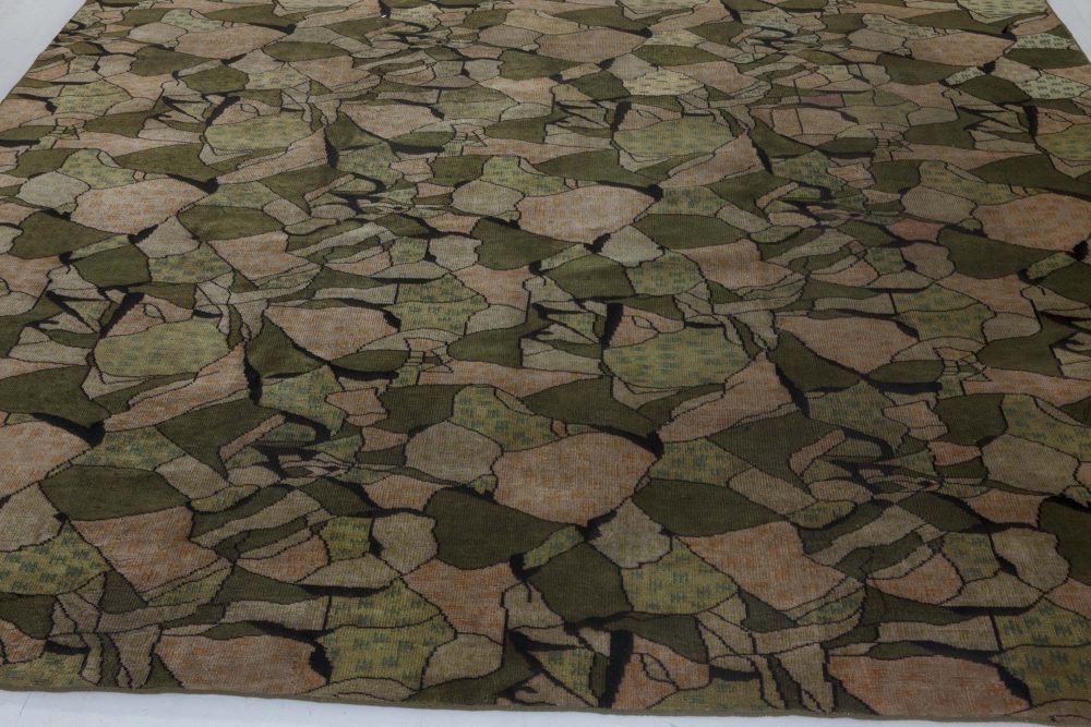 Midcentury European Art Deco Beige, Black and Green Wool Rug BB7339