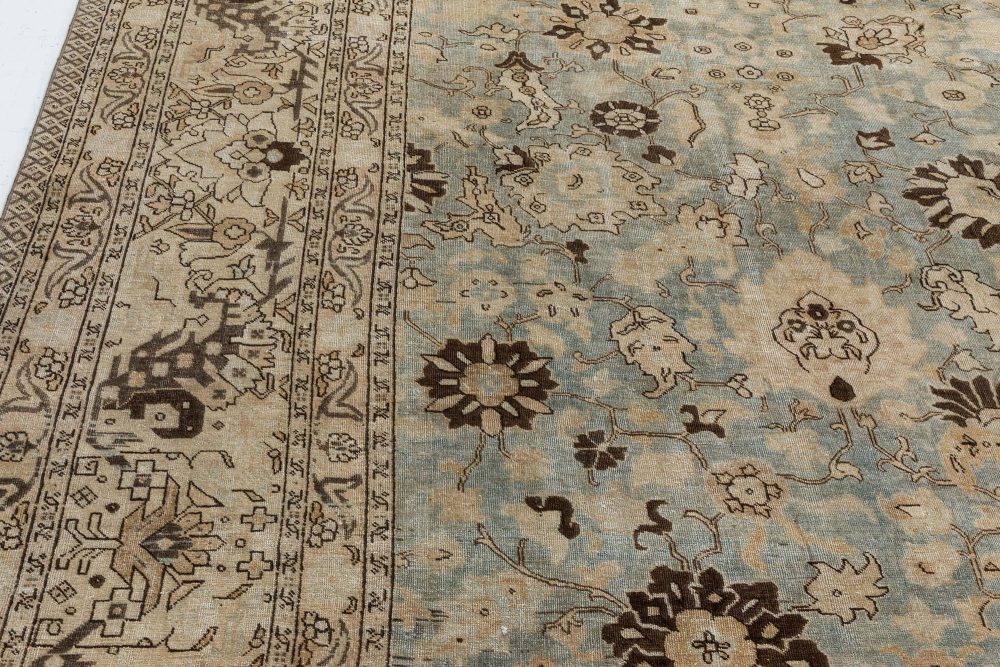 1920s Persian Tabriz Rug in Beige, Blue and Brown Flower Design BB7344