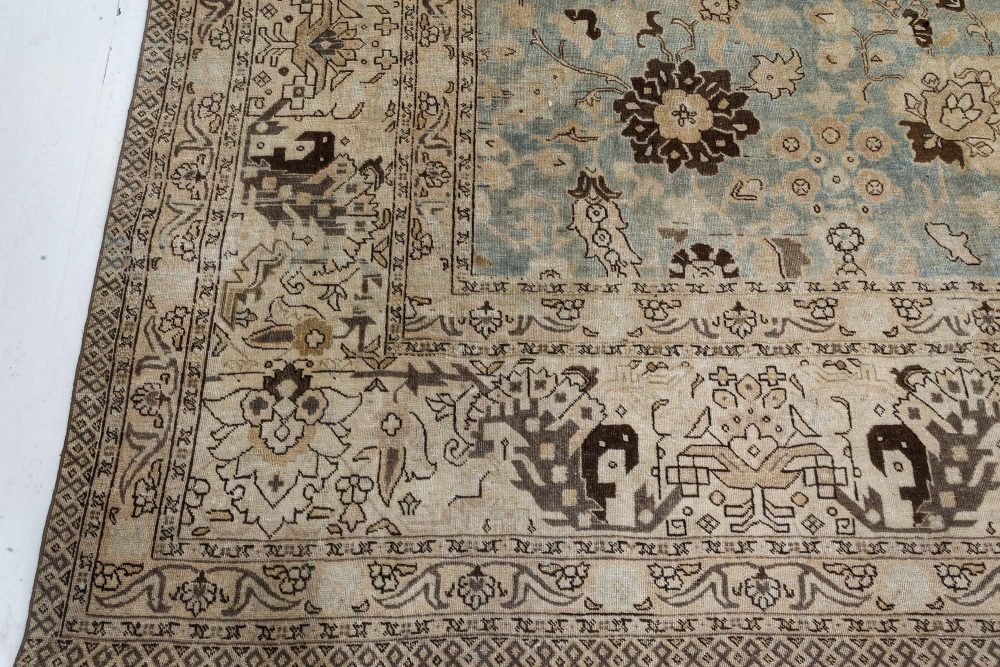 1920s Persian Tabriz Rug in Beige, Blue and Brown Flower Design BB7344