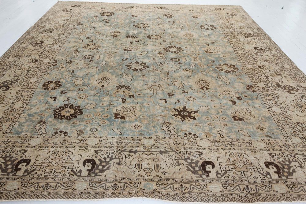 1920s Persian Tabriz Rug in Beige, Blue and Brown Flower Design BB7344